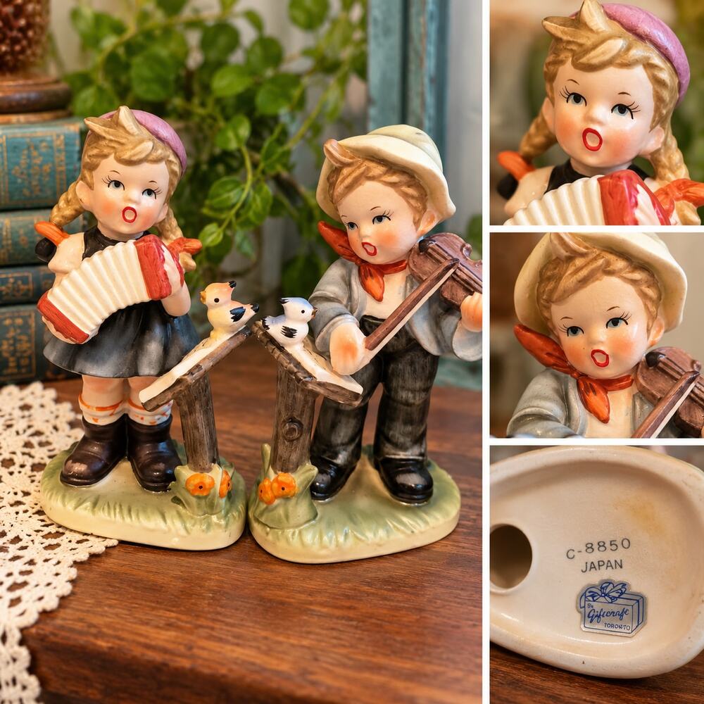 Vintage Made in Japan Ceramic Boy and Girl Figurines, Children with Birds, Cotta